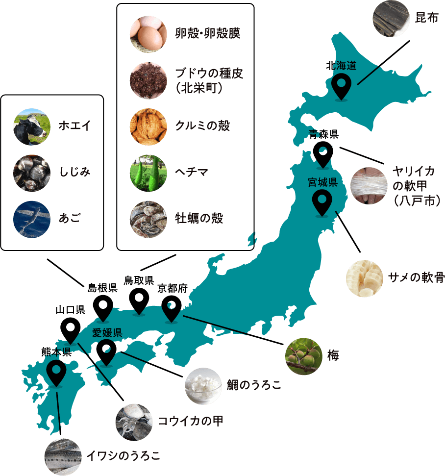 ルウ研究所は、北は北海道の昆布、南は愛媛の鯛のウロコに至るまで、様々な未利用資源に光を当て、未来の可能性を創るための研究開発を続けています