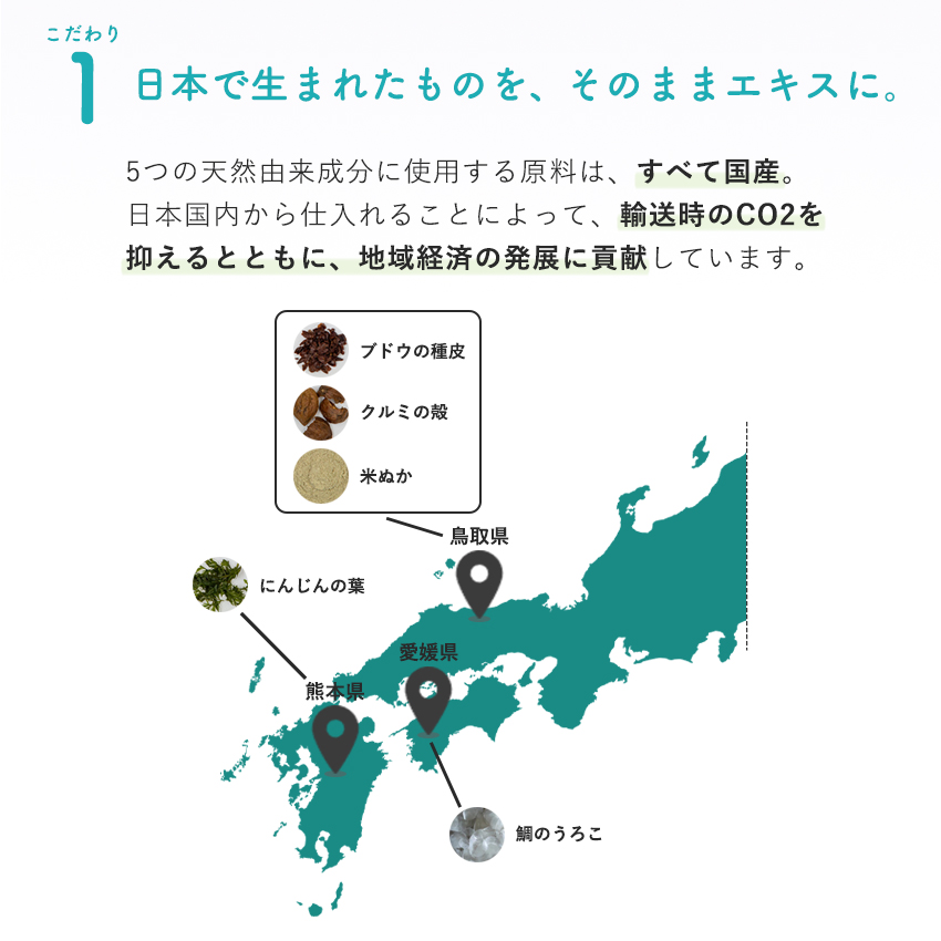 5つの天然由来成分はすべて国産。輸送時のCO2を抑えながら地域経済の発展にも貢献。