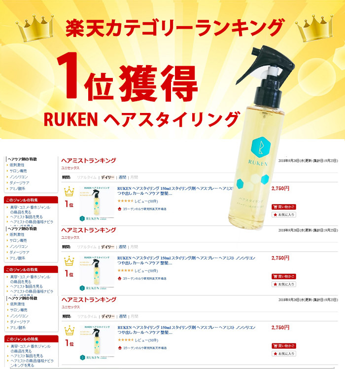 楽天カテゴリーランキング1位獲得「RUKENヘアスタイリング」