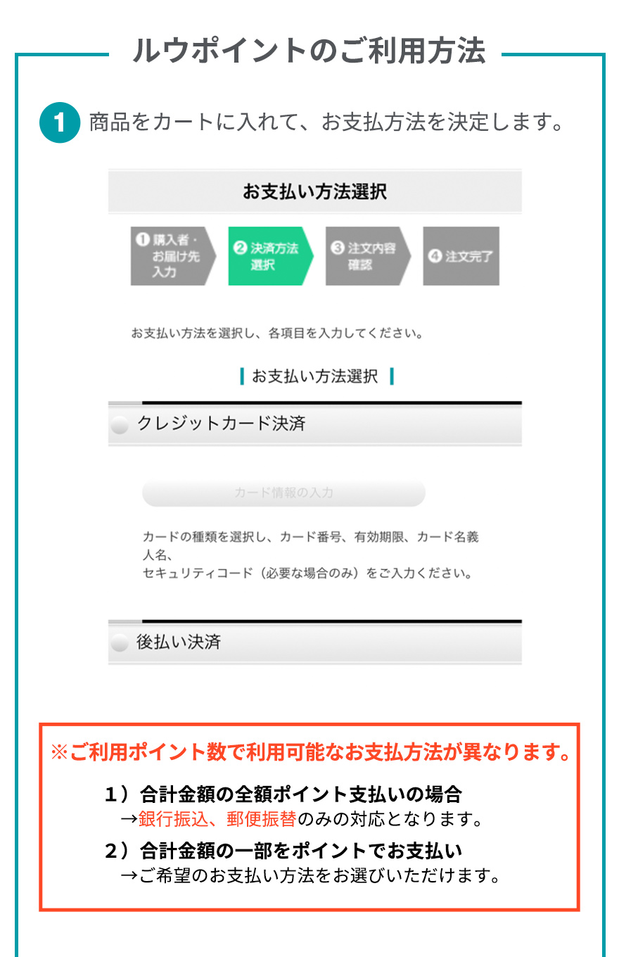 ルウポイントのご利用方法 1.商品をカートに入れて、お支払方法を決定します。※ご利用ポイント数で利用可能なお支払方法が異なります。1.合計金額の全額ポイント支払いの場合→銀行振込、郵便振替のみの対応となります。2.合計金額の一部をポイントでお支払い→ご希望のお支払方法お選びいただけます。